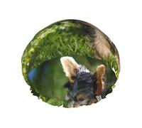 Gorro de ducha impermeable con banda elástica, gorro de ducha reutilizable de doble capa para mujer,Yorkshire Terrier Yorkie de hierba verde Perros lindos