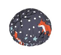 Gorro de ducha impermeable con banda elástica, gorro de ducha reutilizable de doble capa para mujer,Zorro rojo en la noche