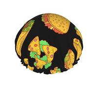 Gorro de ducha impermeable con diseño de patrón sin costuras de comida mexicana, gorro de baño elástico para el cabello, protección del medio ambiente, gorros de baño para el cabello, doble capa imp