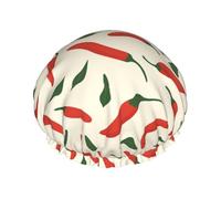Gorro de ducha impermeable de doble capa con diseño de dibujos animados para mujer, con cabello largo y chile fresco y hojas