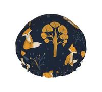 Gorro de ducha impermeable de doble capa con diseño de zorro, hongo y árbol, reutilizable, con banda elástica