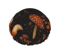 Gorro de ducha impermeable de doble capa con diseño de zorro y hongo en otoño, gorro reutilizable con banda elástica