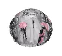 Gorro de ducha impermeable de doble capa con diseño floral rosa de la Torre Eiffel de Paris Street para mujer, accesorio de baño duradero, ligero y portátil para cabello largo
