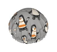 Gorro de ducha impermeable de doble capa con estampado de dibujos animados para mujer con pelo largo de pingüino deportivo