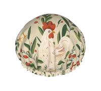 Gorro de ducha impermeable de doble capa con estampado de dibujos animados para mujer, para cabello largo, con diseño de gallo y follaje