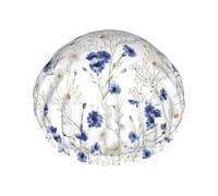 Gorro de ducha impermeable de doble capa con estampado de flores dibujadas a mano, para mujeres y hombres, reutilizable, banda elástica