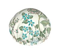 Gorro de ducha impermeable de doble capa con estampado de flores verdes para mujeres y hombres, reutilizable, banda elástica