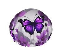 Gorro de ducha impermeable de doble capa con estampado de mariposas y flores moradas para mujeres y hombres, reutilizable, banda elástica
