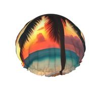 Gorro de ducha impermeable de doble capa para mujer, cuenta con ajuste seguro antideslizante, fácil mantenimiento y comodidad reutilizable, palmera tropical puesta de sol