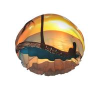 Gorro de ducha impermeable de doble capa para mujer, cuenta con ajuste seguro antideslizante, fácil mantenimiento y reutilizable, hamaca de playa y puesta de sol de coco