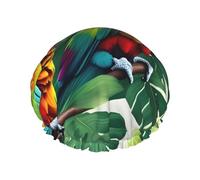 Gorro de ducha impermeable de doble capa para mujer, cuenta con ajuste seguro antideslizante, fácil mantenimiento y comodidad reutilizable, flor tropical, loro