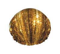 Gorro de ducha impermeable de doble capa para mujer, cuenta con un ajuste seguro antideslizante, fácil mantenimiento y reutilizable con lentejuelas doradas brillantes