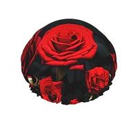 Gorro de ducha impermeable de doble capa para mujer, ligero, portátil y reutilizable, talla única que se adapta a la mayoría de formas de cabeza, muchas rosas rojas