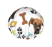 Gorro de ducha impermeable elástico de doble capa con diseño de perro boxeador sonriente, gorro de baño reutilizable