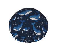 Gorro de ducha impermeable reutilizable con diseño de ballena y burbujas, doble elástico, para uso diario.