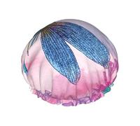 Gorro de ducha impermeable reutilizable con estampado de flores rosas y libélulas azules, gorro de baño elástico de doble capa, gorro de ducha grande para mujeres de pelo largo