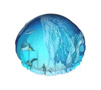 Gorro de ducha impermeable reutilizable con estampado de pingüinos en el iceberg, gorro de baño elástico de doble capa, gorro de ducha grande para mujeres de pelo largo