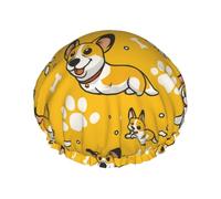 Gorro de ducha impermeable y reutilizable de doble capa con diseño de perro Corgi, pata y hueso, para mujer, para el pelo largo