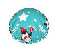 Gorro de ducha impermeable y reutilizable de doble capa con diseño de pingüino navideño para mujer.