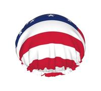 Gorro de ducha impermeable y reutilizable para cabello con bandera estadounidense roja, azul y blanca, forrado con material PEVA, para cabello largo, grueso y rizado, con cuerda elástica para mujer