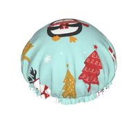 Gorro de ducha impermeable y reutilizable para mujer, de doble capa, con diseño de oso y pingüino navideño.
