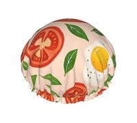 Gorro de ducha impermeable y reutilizable para mujer, de doble capa, con diseño de tomate y huevo frito, para cabello largo.