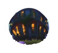 Gorro de ducha ligero con estampado de mansión embrujada negra para mujeres y hombres, gorro reutilizable suave y gorro de baño