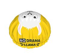 Gorro de ducha Llama Cute Animal White Alpaca with Word No Drama Llama Gorros de baño grandes para mujeres, hombres, niñas, pelo largo, impermeables, reutilizables, amarillo