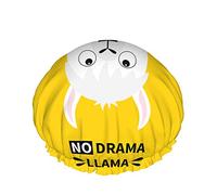 Gorro de ducha Llama, divertido dibujo animado blanco Llama Alpaca cara con cita No Drama Llama amarillo impermeable doble capa gorros de baño perfectos para todas las longitudes y grosores de cabello