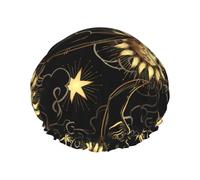 Gorro de ducha mágico místico astrología cósmica sol luna creciente estrellas oro negro arte ajustable e impermeable para protección del cabello