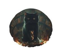 Gorro de ducha para el pelo - Cuaderno misterioso de gato negro de doble capa, reutilizable, resistente al agua, gorro de ducha grande para mujer, gorro de ducha para ducha con forro de Peva y cuerda