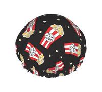 Gorro de ducha para el pelo, diseño de palomitas de maíz, color negro, doble capa, reutilizable, impermeable, gorro de ducha grande para mujer, gorro de ducha con forro de Peva y cuerda elástica