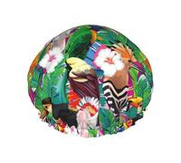 Gorro de ducha para el pelo, diseño tropical de tucán de loro, doble capa, reutilizable, impermeable, gorro de ducha grande para mujer, gorro de ducha para ducha con forro de Peva y cuerda elástica