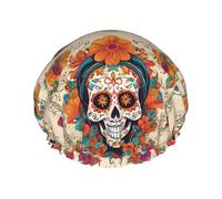 Gorro de ducha reutilizable con calavera floral para mujer, doble capa impermeable, esencial para el tratamiento del cabello