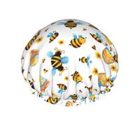 Gorro de ducha reutilizable con estampado de abeja de dibujos animados, gorro de baño de doble capa, mantiene el cabello seco, se adapta a todas las cabezas