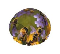 Gorro de ducha reutilizable con estampado de abejas y flores silvestres, de doble capa, mantiene el cabello seco, se adapta a todas las cabezas