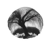 Gorro de ducha reutilizable impermeable con diseño de árbol blanco y negro para mujer, cubierta elástica para el cabello, para baño, spa, viajes y uso diario