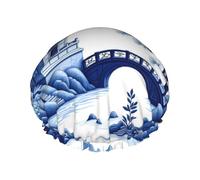 Gorro de ducha reutilizable impermeable con paisaje chino azul y blanco para mujer, cubierta elástica para el cabello, para baño, spa, viajes y uso diario
