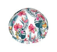 Gorro de ducha reutilizable para mujer, gorro de baño con hojas de palmera y flores, protector de pelo de ducha impermeable de doble capa, gorro de ducha con banda elástica ajustable para el hogar, Sp