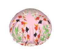 Gorro de ducha reutilizable para mujer, gorro de baño con patrón de carpa de dibujos animados, doble capa, impermeable, protector para el cabello, banda elástica ajustable, gorro de ducha para el hoga