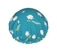 Gorro de ducha reutilizable para mujer, gorro de baño con ramo de flores de loto, doble capa, impermeable, protector para el cabello, banda elástica ajustable, gorro de ducha para el hogar, spa, salón