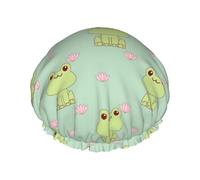 Gorro de ducha reutilizable para mujer, gorro de baño de rana y loto, doble capa, impermeable, protector de pelo, banda elástica ajustable, gorro de ducha para el hogar, spa, salón, gorros de baño