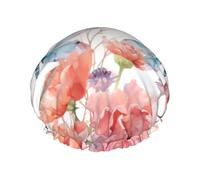 Gorro de ducha reutilizable para mujer, gorro de baño impermeable de doble capa, gorro de baño de flores de acuarela con sombrero de ducha de libélula, para salón de spa, tamaño grande para todas las