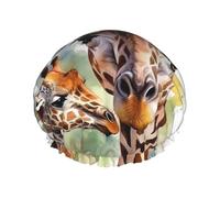 Gorro de ducha reutilizable para mujer, gorro de baño impermeable, doble capa, gorro de baño de acuarela, ciervo, jirafa, gorro de ducha para damas, spa, salón, tamaño grande para todas las longitudes