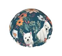 Gorro de ducha reutilizable para mujer, gorro de baño impermeable, doble capa, gorro de ducha blanco para perro y flores, gorro de ducha para mujer, salón de spa, tamaño grande para todas las