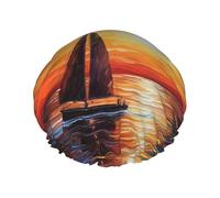 Gorro de ducha reutilizable para mujer, gorro de baño impermeable, doble capa, gorro de ducha para el atardecer, velero, gorro de ducha para damas, spa, salón, tamaño grande para todas las longitudes