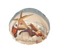 Gorro de ducha reutilizable para mujer, impermeable, doble capa, bonito gorro de ducha de playa y conchas marinas para mujer, tamaño grande para todas las longitudes de cabello