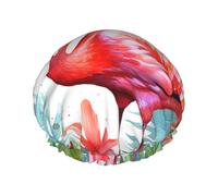 Gorro de ducha reutilizable para mujer, impermeable, doble capa, gorro de baño de flamenco, pintado a mano, gorro de ducha de acuarela para damas, spa, salón, tamaño grande para todas las longitudes