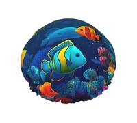 Gorro de ducha reutilizable para mujer, impermeable, doble capa, gorro de baño para el cabello, sombrero de ducha de peces coloridos para damas, spa, salón, tamaño grande para todas las longitudes de