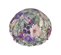 Gorro de ducha rosa púrpura floral verde salvia, gorros de ducha de baño reutilizables para mujeres de pelo largo, gorro de ducha de baño impermeable de doble capa protector de cabello para niños ni